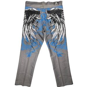 VTG Red Ape Y2K Mens 40X33 Grey WINGS Jeans Baggy Blue Faux Leather EMO RARE NEW